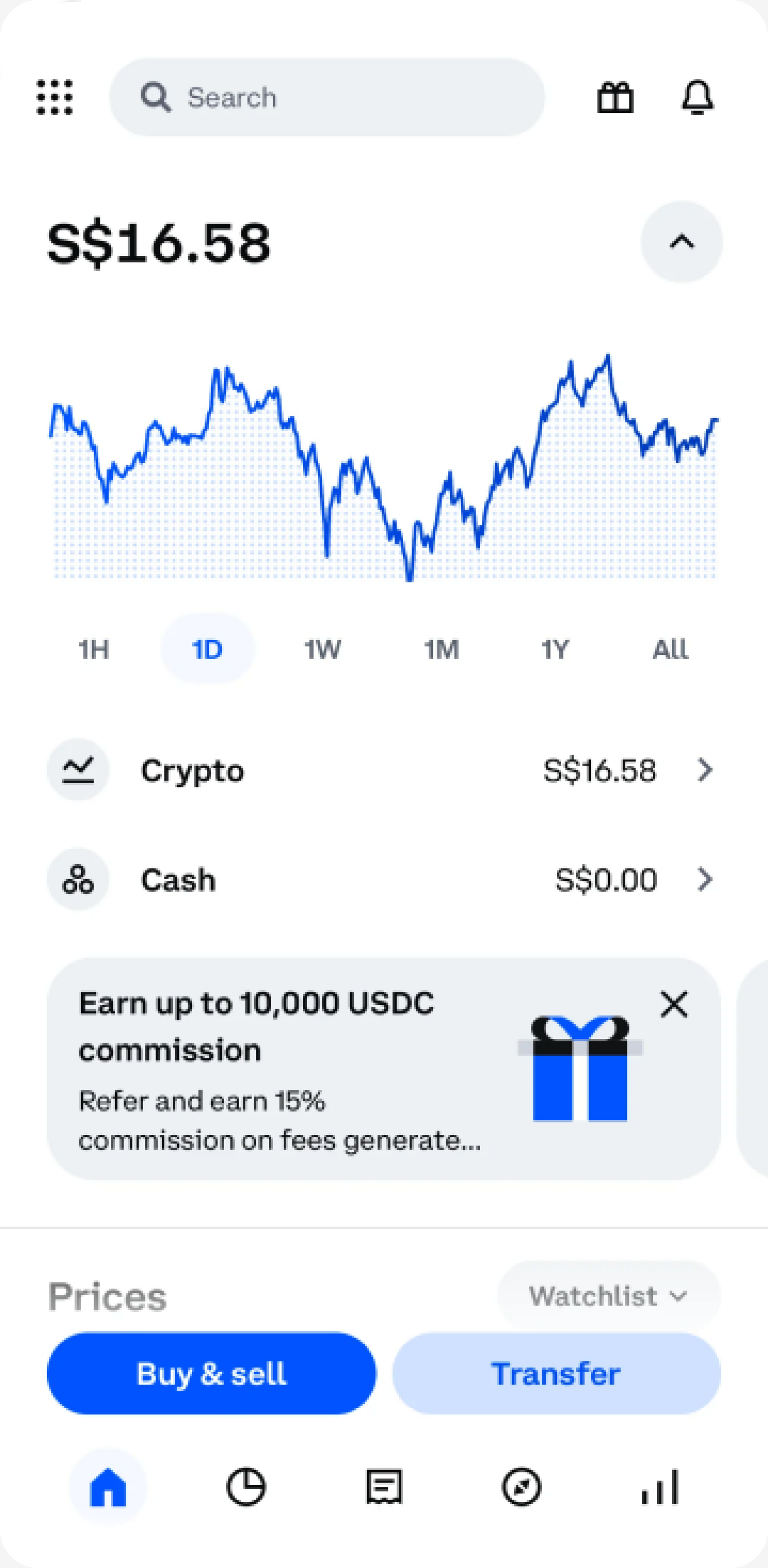 Coinbase app home screen