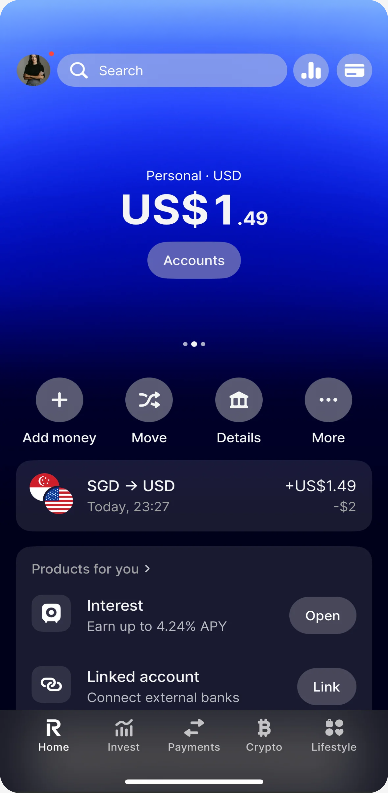 Revolut app home screen