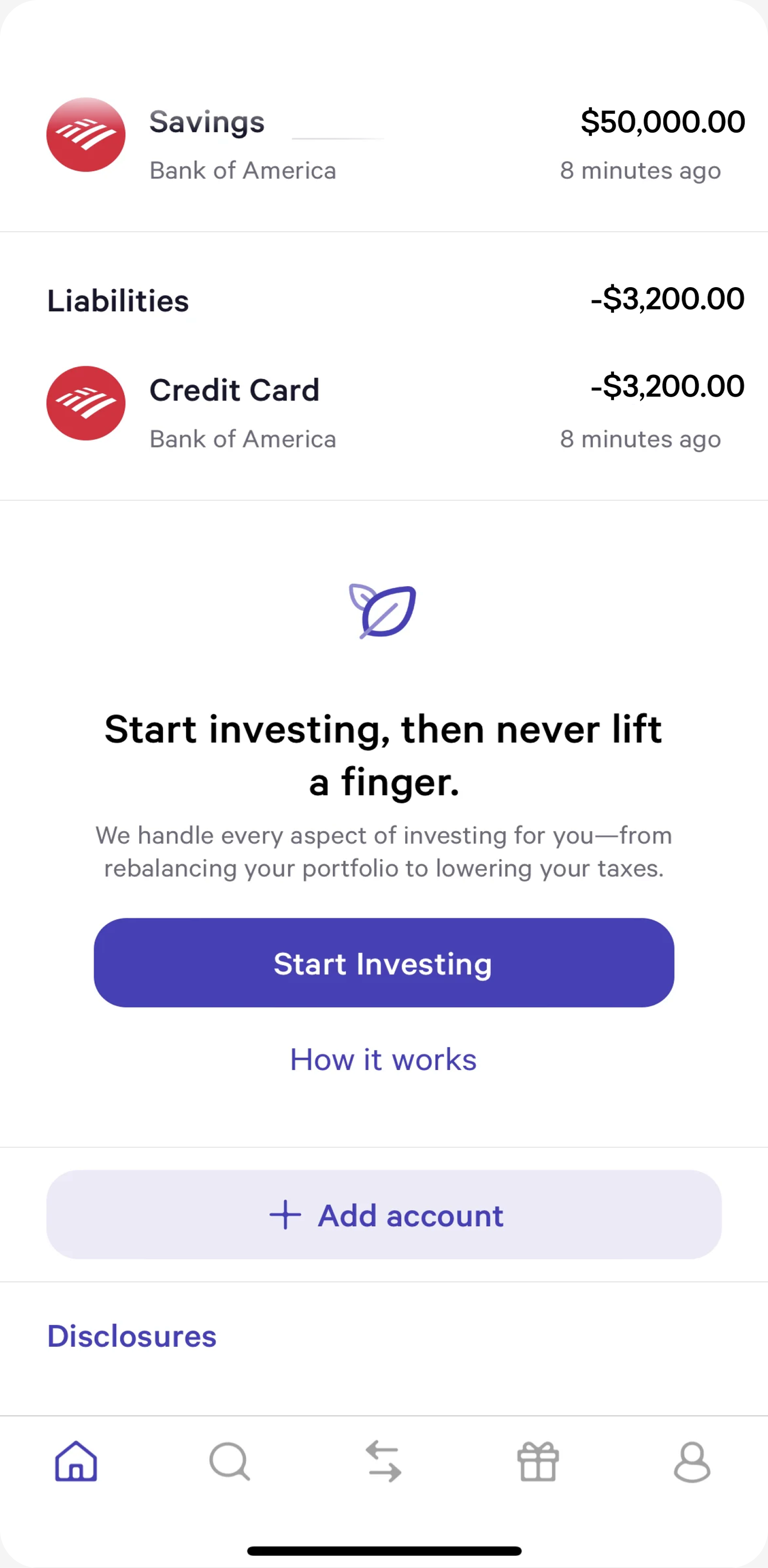 Wealthfront accounts and Start Investing screen
